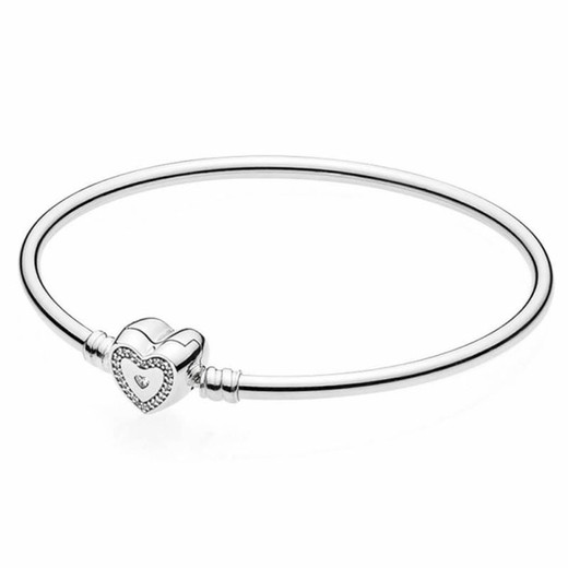 Pulsera PANDORA rígida plata con circonitas. 17 cms. CORAZÓN