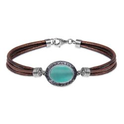 Pulsera PLATADEPALO de cuero mujer Meikai con colgante de piedra azul y circonitas. WB563X T/18
