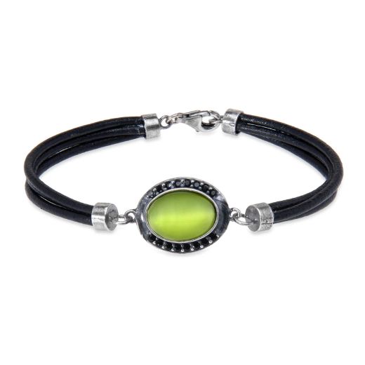 Pulsera PLATADEPALO Mujer de cuero Sei con plata 925 y piedra verde. WB564X T/19